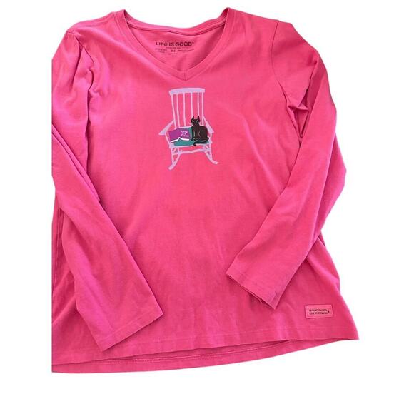 Life Is Good V-Neckline Long Sleeves Rocking Chair Cat Crusher T-shirt Size M - Picture 3 of 6